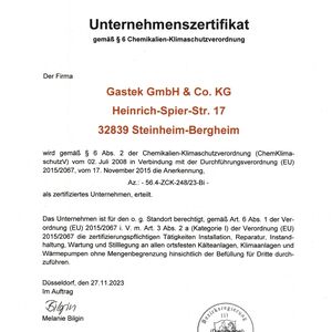 Zertifikat gemäß Paragraph 6 Chemikalien Klimaschutzverordnung