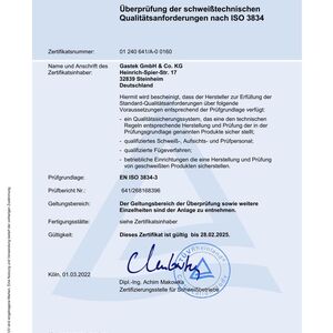 Zertifikat Überprüfung schweißtechnische Qualitätsanforderungen nach ISO 3834