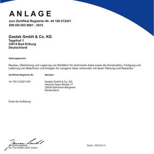 Zertifikat-Anlage für Neubau, Überholung und Lagerung für technische Gase