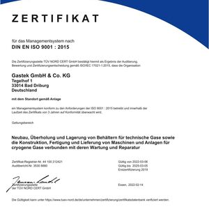 Zertifikat Neubau, Überholung und Lagerung für technische Gase